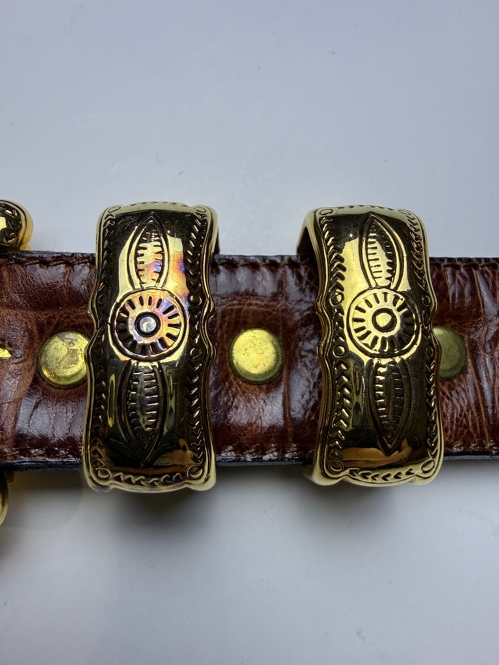 Belts by Simon Brown Leather Belt with Ornate Gold-Tone Metal Accent, 39.5" leng